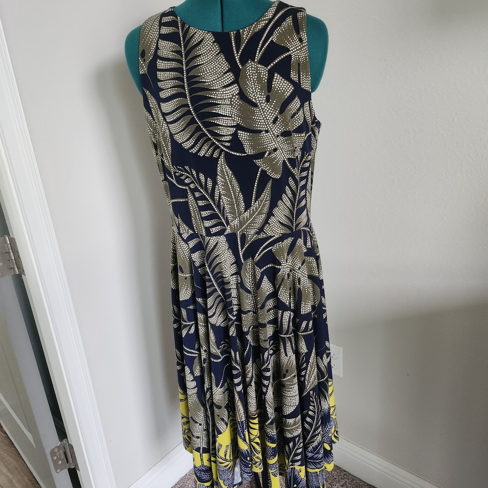 Maggy London Sleeveless Midi Dress Womens 14 Navy Green Leaf Fit Flare